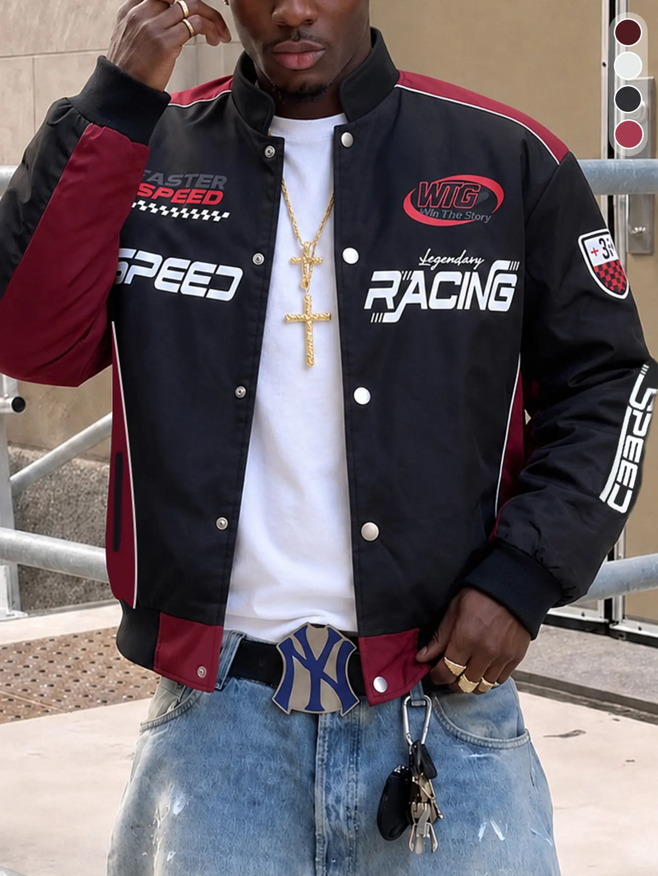 American retro racing-style baseball-collar buttoned jacket, black-and-red color-block design, allover racing lettering, ribbed trim, dropped shoulders, loose fit, streetwear men’s top for young trendsetters