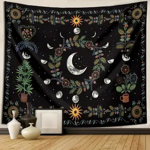 1 piece of moon phase tapestry wall mounted plant celestial flower tapestry hippie flower Boho Floral Design starry sky tapestry living room bedroom dormitory decoration home decoration