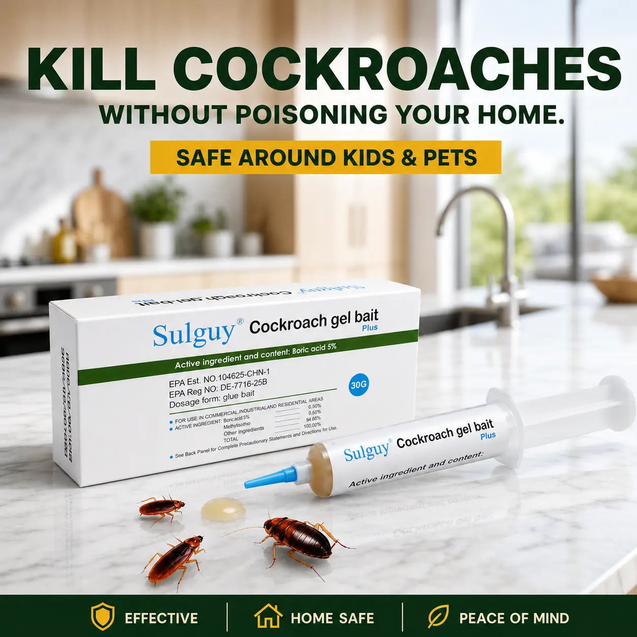 Sulguy Cockroach Gel Bait , Indoor-Outdoor Pest Control, Effective Roach Killer for American, German and Major Cockroach Species, Bug Killer Cockroaches, Insect Control Cockroaches