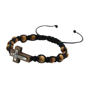 Natural Wood Beads Cross Braided Bracelets Adjustable Beaded Bangle for Women