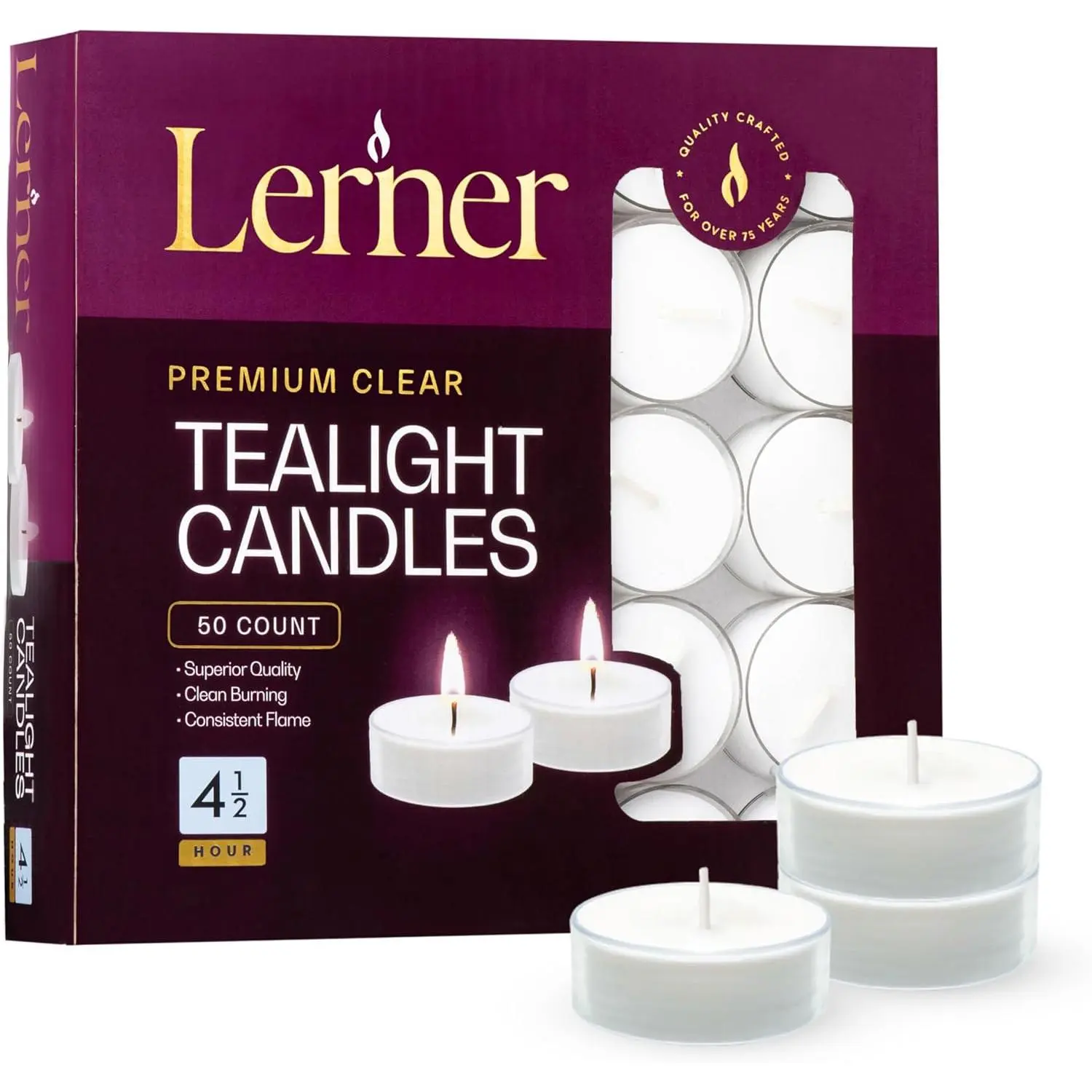 Lerner Clear Tea Lights Candles Bulk - 4.5 Hour Clear Cup Tealight 50 Pack - Consistent Smkless Clean Burning - Holiday, Wedding, Spa, Emergency and Home Decoration Candles