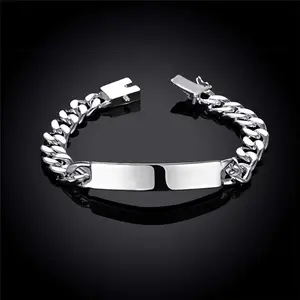 Silver Tone Cuban Link Bracelet for Men Women, Chunky Chain ID Bracelet with Polished Blank Bar Plate, Box Clasp, Unisex Hip Hop Bracelet, Fashion Jewelry Gift