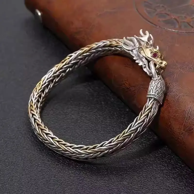 Handmade Woven Dragon Heads Bracelet, New Year of the Dragon Chinese Trend, Vintage Craftsmanship with Golden Round Ring, Fashion Costume Jewelry Bangle