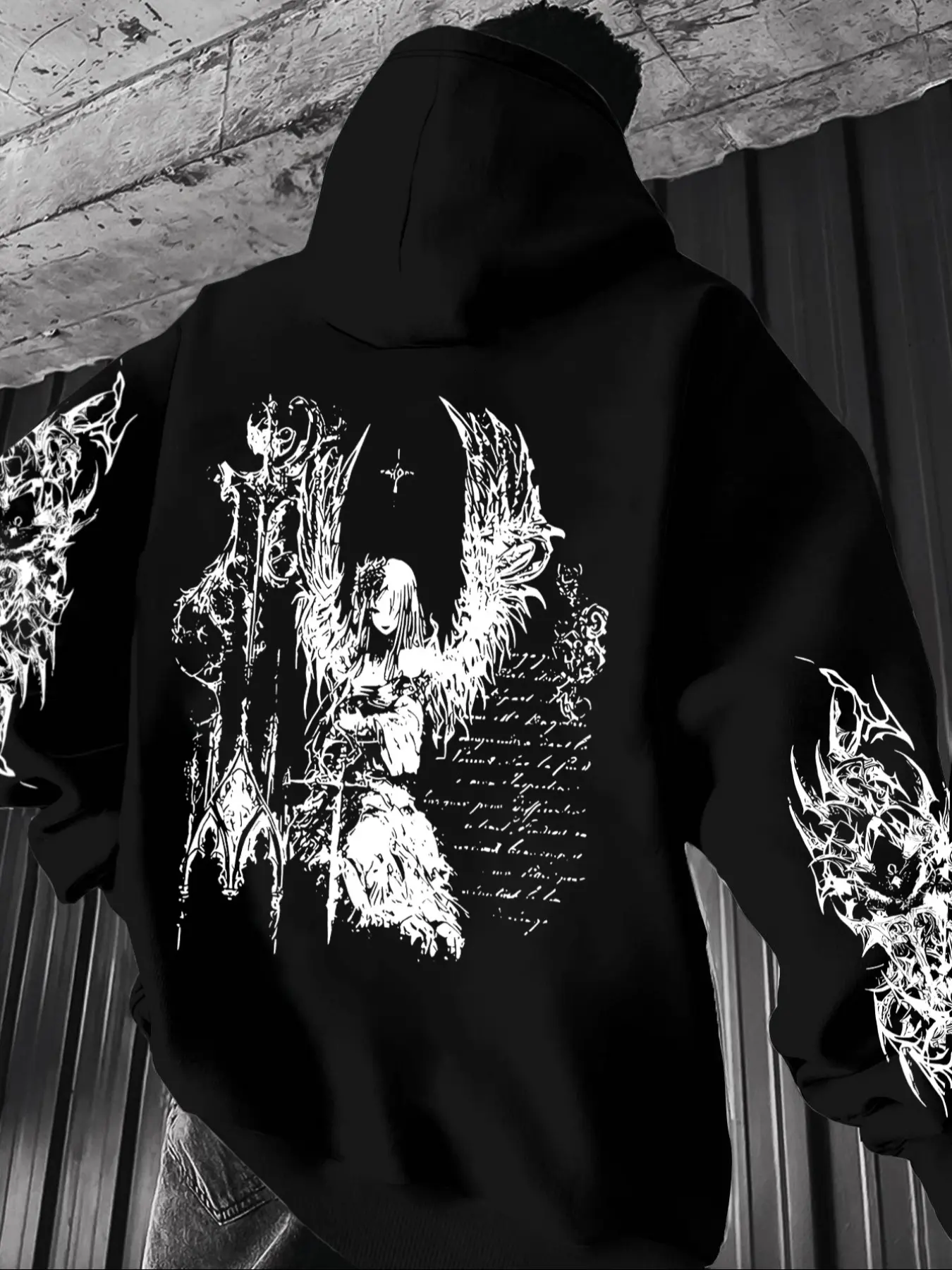Men's Gothic Angel Print Fleece Hoodie, Unisex Casual Fashion Graphic Sweatshirt, Loose-Fitting Fall & Winter Outdoor Wear, Gothic Hoodies, Print Hooded Sweatshirt