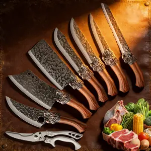 8-piece forged kitchen knife set featuring stainless steel blade with a hammer texture and lion-head handle; nonstick and rustproof; ergonomic design for home kitchens; chef-grade multi-purpose knives; kitchenware.
