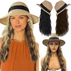 Straw Sun Hat with 16in Synthetic Hair Extension Long Wavy Curly Wig Wide Brim Women Adjustable Cap Detachable Hairpiece for Summer Travel Beach Outdoors Dark Black