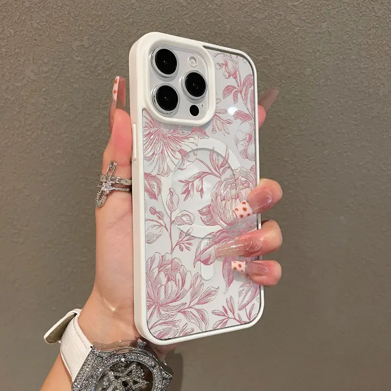 Magnetic Protective Case for iPhone 17 16 E Pro Max 15 Plus 14 13 12 11 XS XR, Girly Burgundy Floral Line Art Design |   Shockproof, Silicone, Stylish, Trendy, and Scratch Resistant
