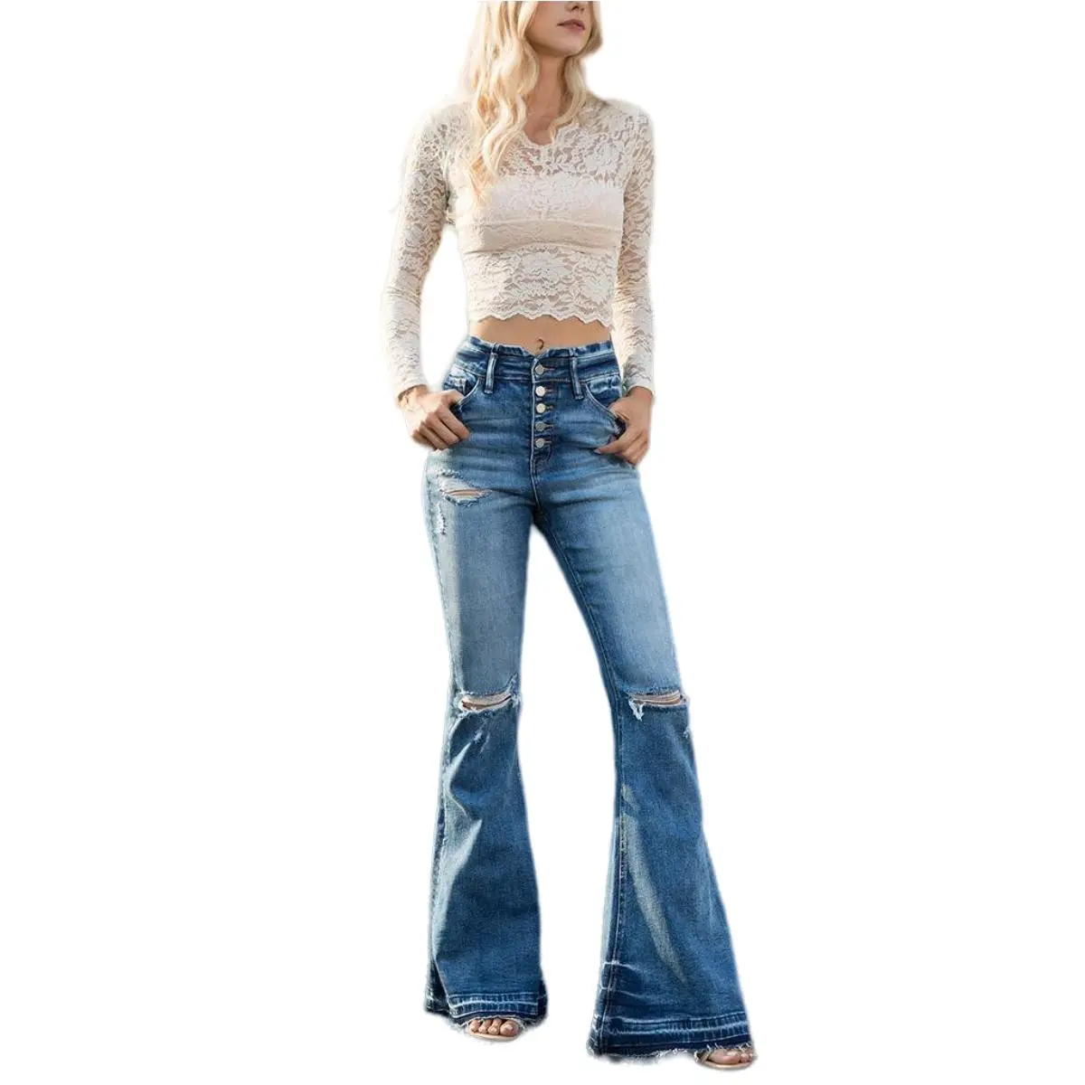 Medium Blue Bell Bottom Baggy Denim Casual Maxi Pants Summer Comfort Basic Streetwear With Pockets BYF1014 32x32jeanswomen Womenswear Underwear Lady Trouser