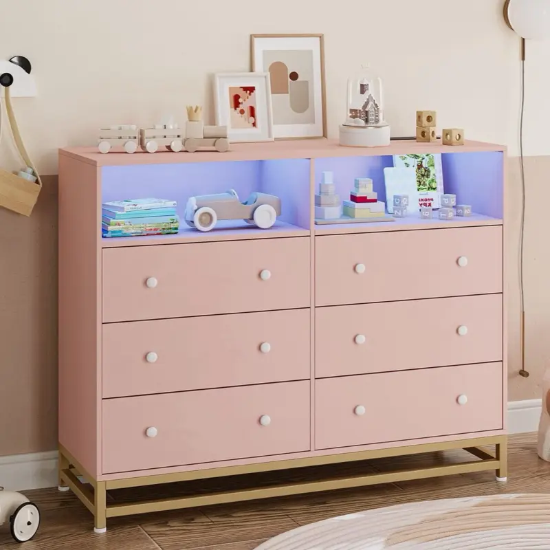 6 Drawer Double Dresser with LED Lights Chest of Drawers for Bedroom, Hallway