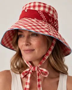 Hand-Embellished Red Gingham Red Handkerchief Wide-Brim Sun Hat by Trish