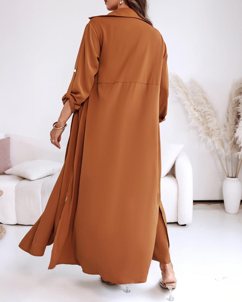 ChicMe 2 Pieces Outfit Turn-down Collar Long Sleeve Longline Blouse with Pockets/Elastic Waist Longline Blouse and Pants Set and Casual Elastic Waist Wide Leg Pants Set