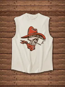 Unisex Vintage Sleeveless Fitted T-Shirt with Skull Denim Print, Polyester Fabric for Casual Streetwear, Perfect for Summer & Gym Wear