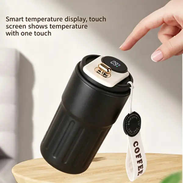 Portable Cylindrical Stainless Steel Double Wall Insulated Travel Mug - LED Display, Temperature Tap, Vacuum Lid, 6-Hour Warmth, Cold Beverage Tumbler, Kitchenware Drinkware Vacuum Flask