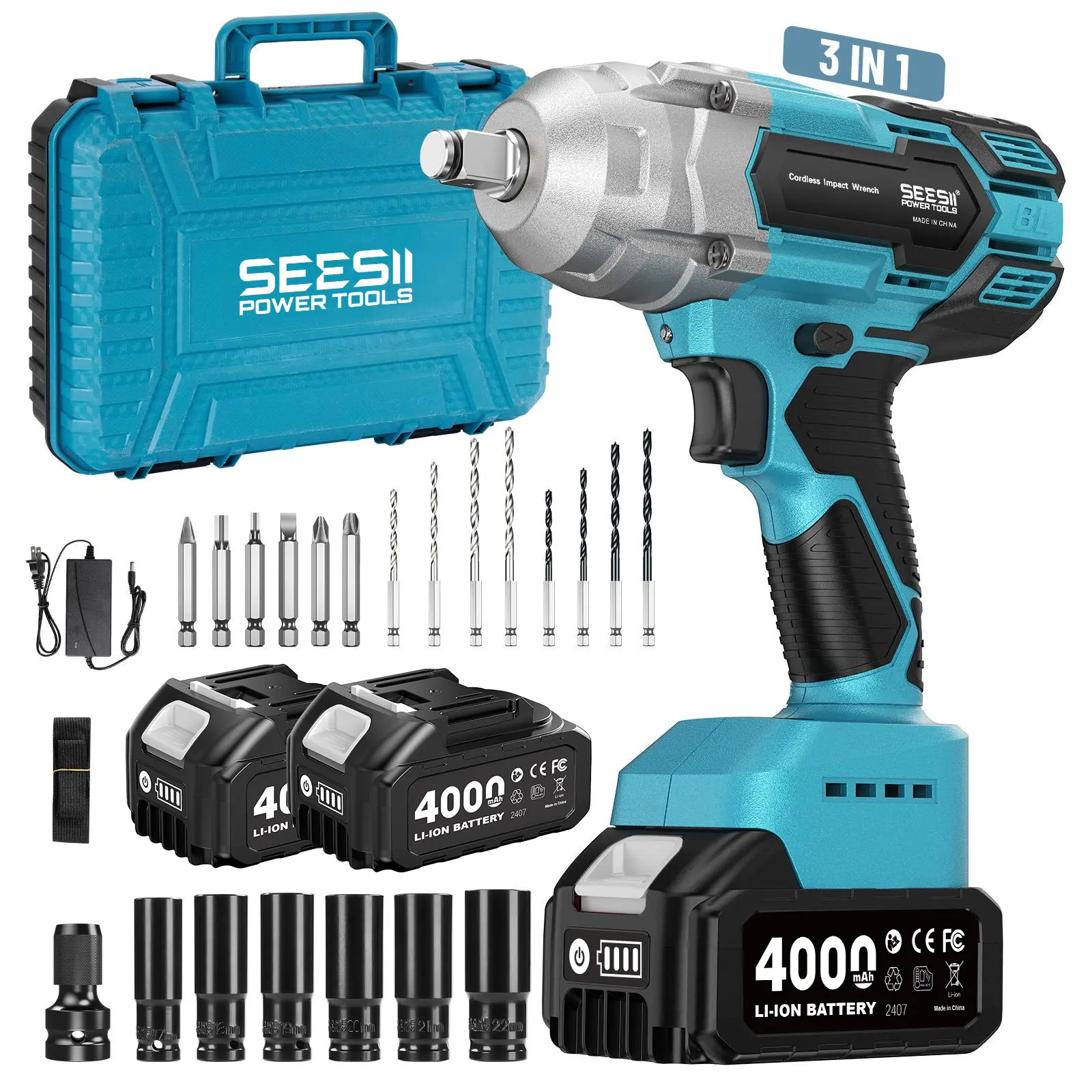 【Fathersdaygift】SEESII 3 in 1 Cordless Impact Wrench 1/2'',3300RPM,Brushless Impact Driver w/ 2x 4.0Ah Batteries,6 Sockets,Drills,6 Screws,Power Tool Heavy Duty fathersdaygift