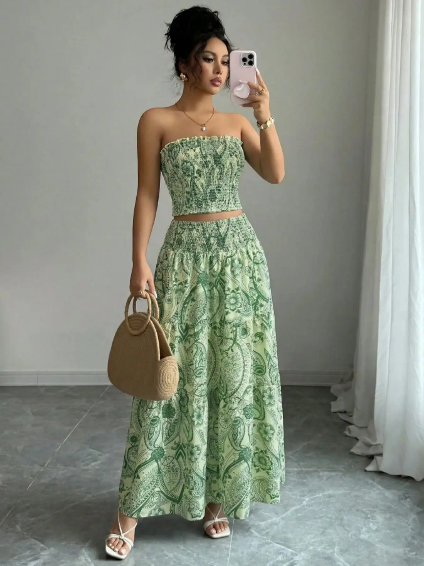 Bohemian Style All Over Print Strapless Sleeveless Crop Top & High-Waisted Long Skirt Matching Set, Paisley Floral Pattern, Casual Outfit, Womenswear for Beach and Vacation