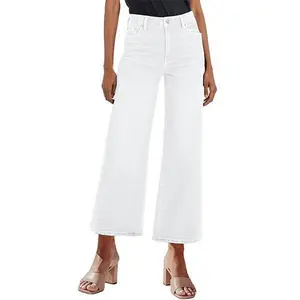 Wide-leg jeans with slit, loose fit, high-waisted, elastic cropped pants, loose fit, little jeans, girls’ friendly, white, casual, minimalist style GARMENTARY