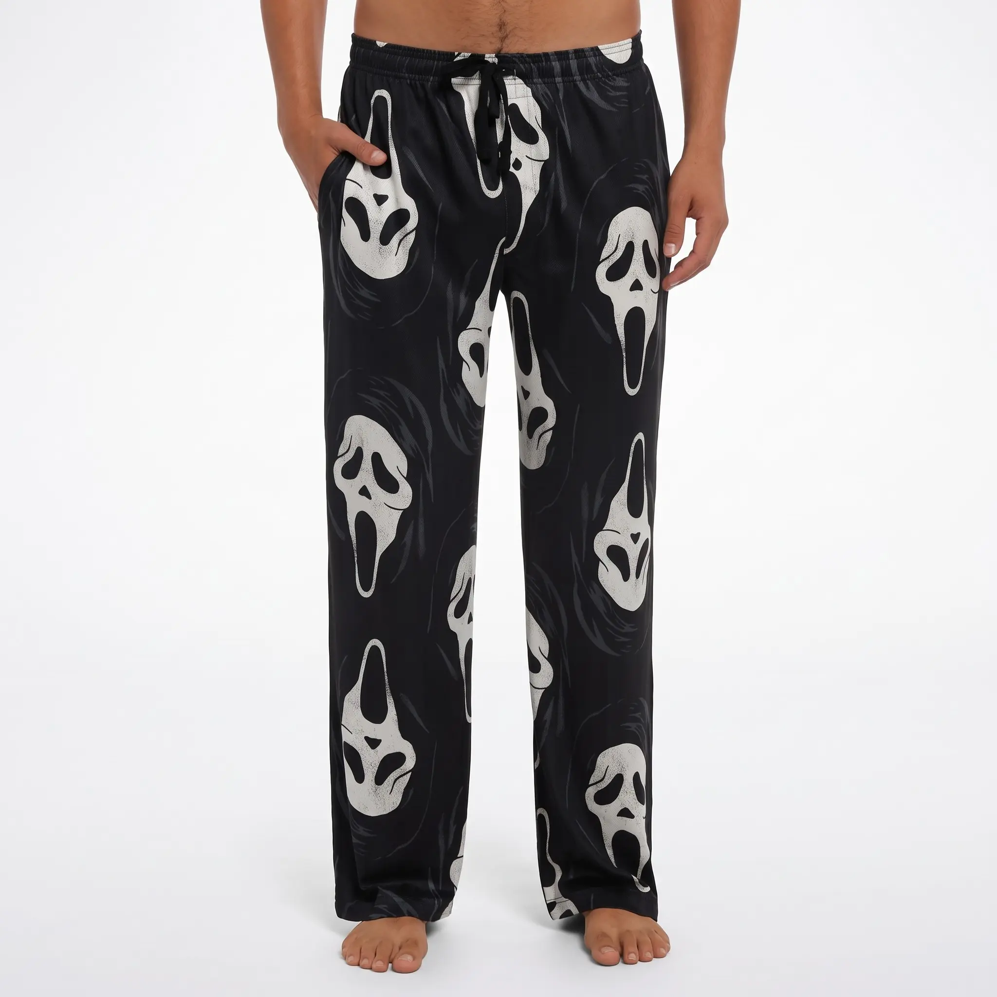 Spooky Gh0stFace Satin Long Pajama Pants, Black Horror Graphic Sleepwear Bottoms, Halloween Lounge Pants for Home and Nightwear