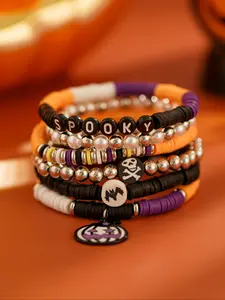 Halloween Party Jewelry Set, Skull & Pumpkin Metal Pendants, Soft Clay Beaded Bracelets, All-Season Gift Accessories