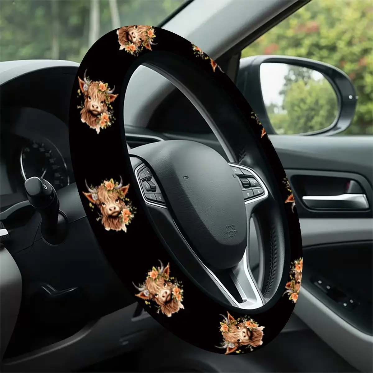 1pc 1.6x15 inch Highland cow sunflowers Pattern car steering wheel cover, non-slip and comfortable, car interior accessory, Automotive, no inner ring, easy to install and remove, suitable for all car models, holiday gift, Car Accessories, 3.12CYJ-8