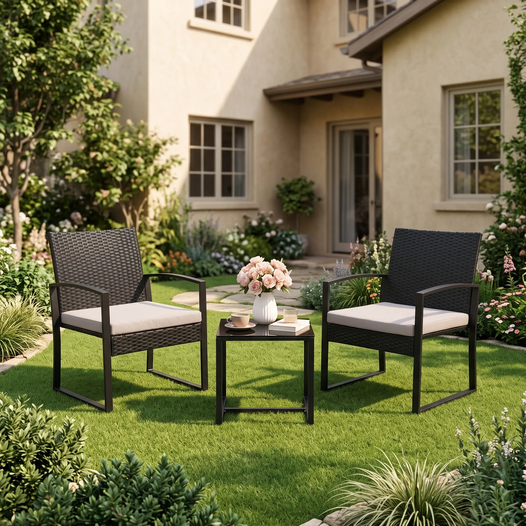 Black 3-Piece Wicker Outdoor Patio Furniture Set - Rocking Chairs, Side Table, and Cushions for Balcony Porch Decor,summerwins,outdoorfurnitureset summerwins Garden Conversation Sets