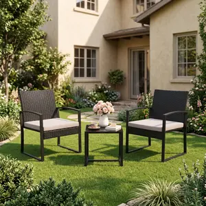 Black 3-Piece Wicker Outdoor Patio Furniture Set - Rocking Chairs, Side Table, and Cushions for Balcony Porch Decor,summerwins,outdoorfurnitureset summerwins Garden Conversation Sets