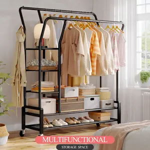 Raybee Clothing Rack with Shelves &Double Hanging Rods, Portable Clothes Rack with Wheels Rolling Garment Rack,  HangingClothing racks Holds Up to 245LBS, Metal Closet Rack, Clothes Organizer Solutions 43.3"Wx22"Dx70.3"H