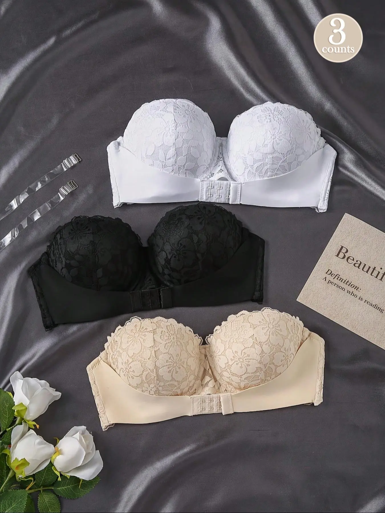 Women's Floral Lace Push Up Bandeau Bralette Bra with Transparent Strap, Soft Comfortable Breathable Buckle Front Casual Chic Everyday Bra, Lingerie Underwear for All Seasons, Push Up Bralettes