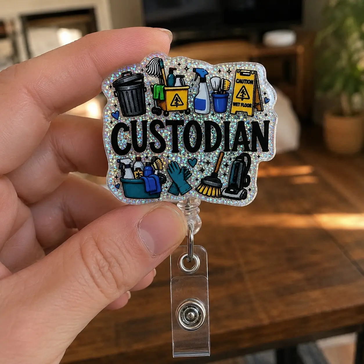 Retractable Custodian Badge Reel - Silver Glitter Acrylic ID Holder with Bold Print, Multi-Size, Glitter Effect, School Cleaning Crew Appreciation Gift
