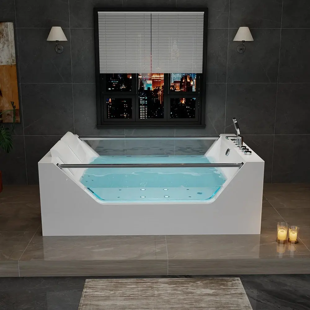71" Freestanding Combo Massage Whirlpool Inline Heater 2-Person Bathtub with Dual Glass Design 71" Freestanding Combo Massage Whirlpool Inline Heater 2-Person Bathtub with Dual Glass Design