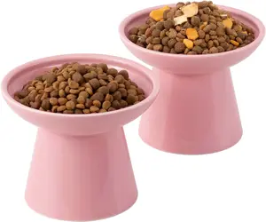 CEEFU Extra Wide Elevated Ceramic Cat Bowl, 6.2" Shallow Dish for Whisker Fatigue Relief, 5" Height for Easy Feeding, Durable Raised 2 Cat Food Bowls, Pink