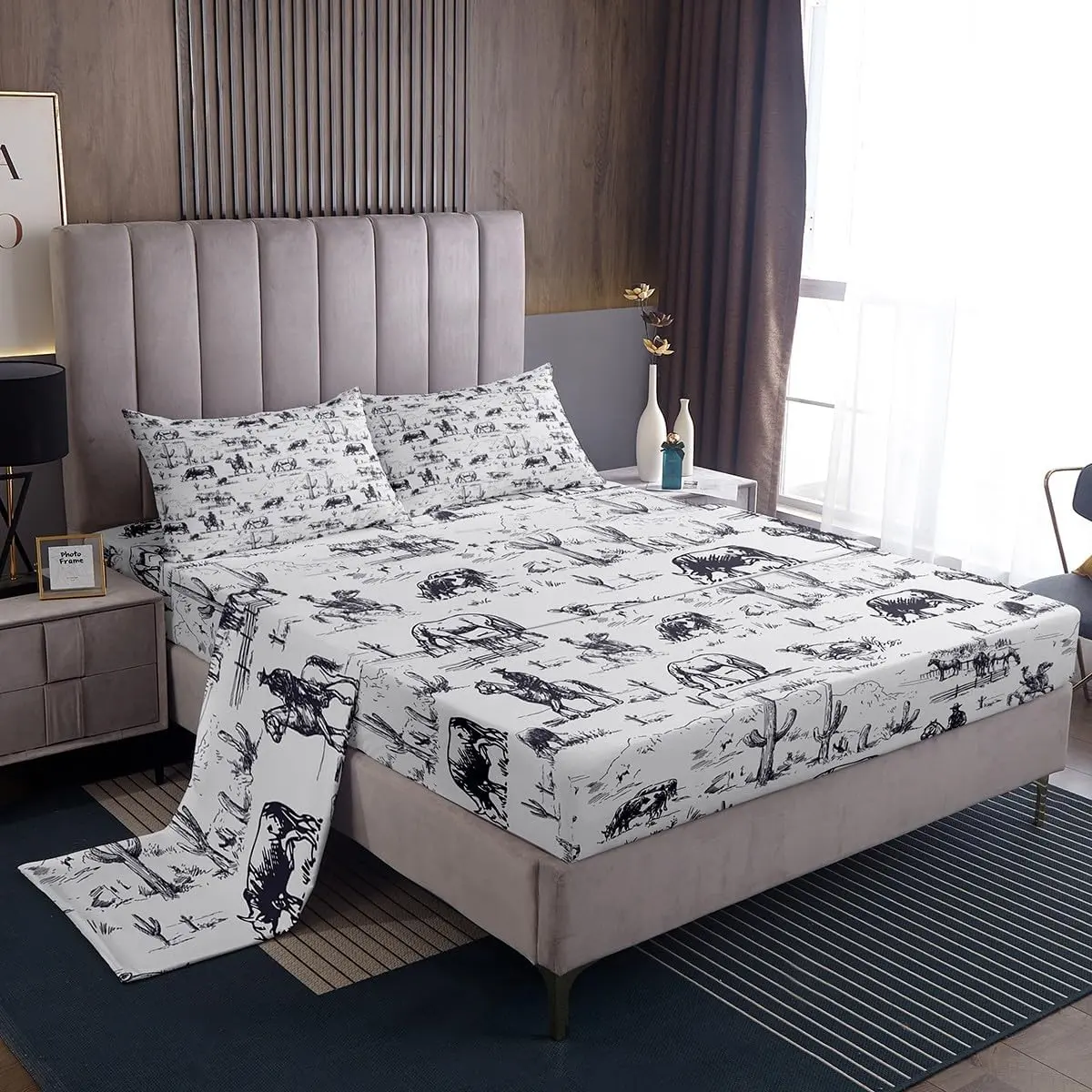 Feelyou Western Theme Bed Sheet Set, Breathable Durable White & Black Cowboy Cow Bedding with Deep Pocket Fitted Sheet, Desert Cactus Decorative Bedsheet, Breathable Durable Sheets,back to school,back to school shopping,home decor