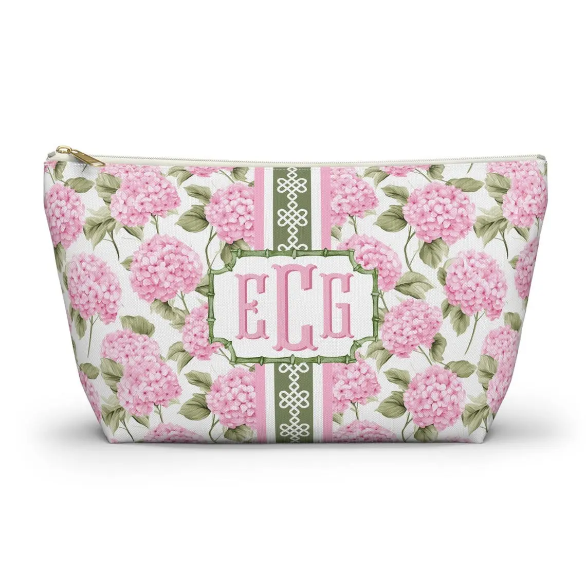 Personalized Pink Hydrangea Makeup Bag, Monogram Floral Cosmetic Pouch, Preppy Toiletry Travel Organizer, Chinoiserie Pink Floral Pouch, Custom Initial Zipper Bag Gift for Women