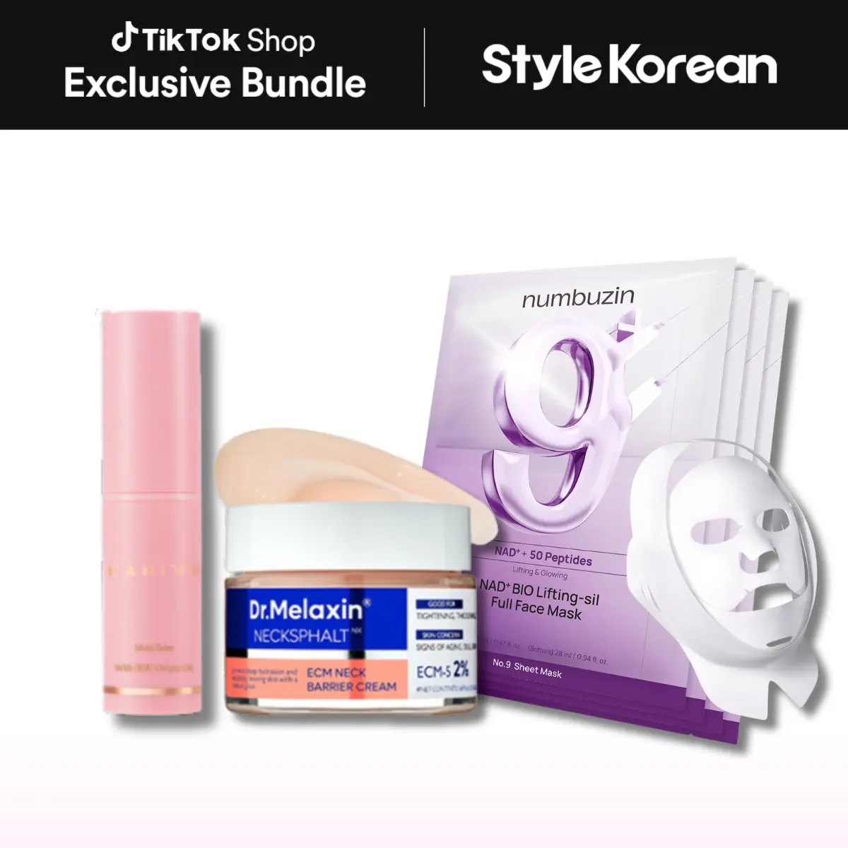 [StyleKorean] Face & Neck Firming Trio - [Dr.Melaxin] Necksphalt ECM Ceramide Neck Cream 50g + [KAHI] Multi Balm Stick + [Numbuzin] No.9 NAD Bio Lifting Full Cover Facial Mask (4ea)
