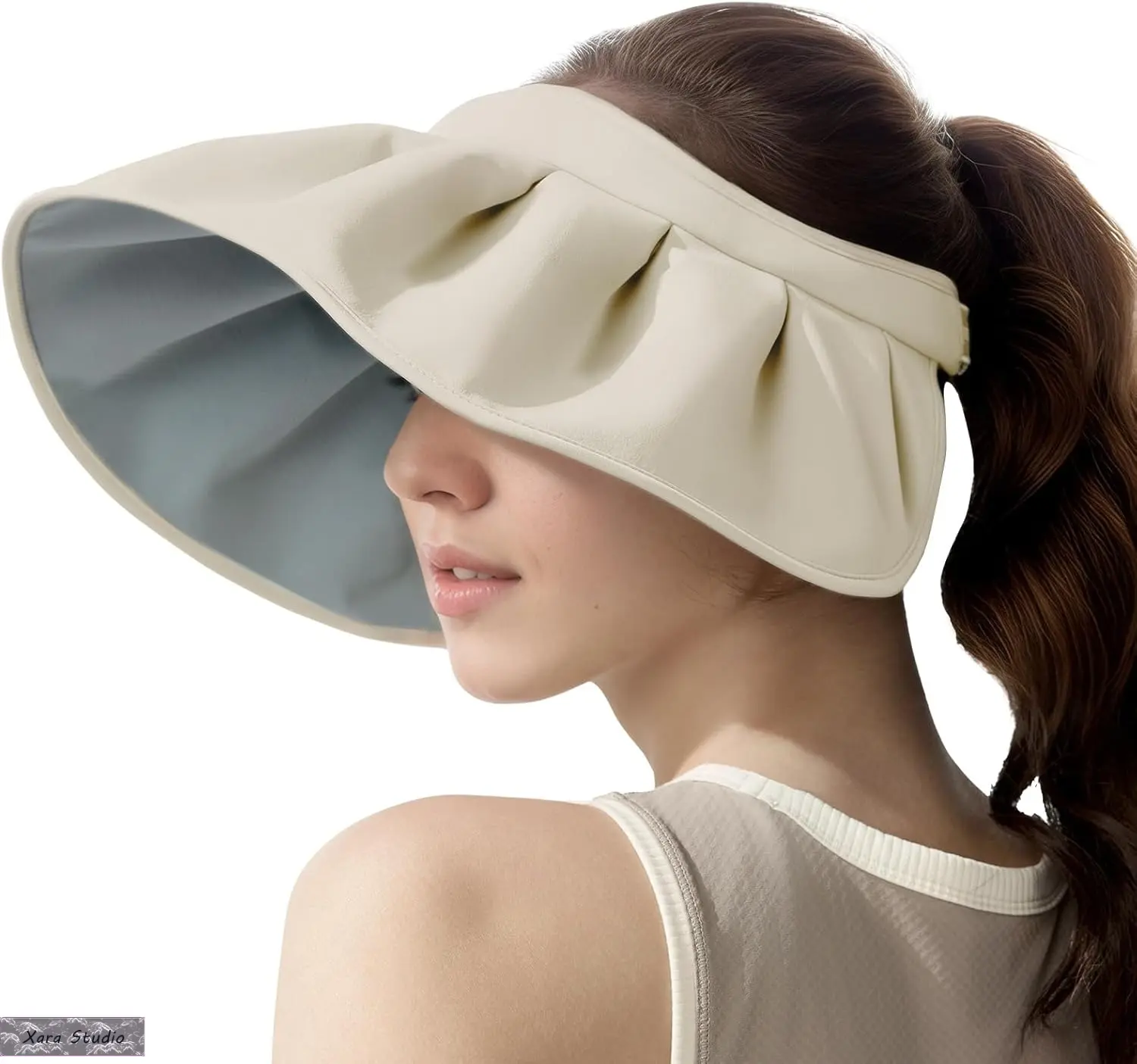 Women’s Wide Brim Oversized UV Protection Empty Top Ponytail Ventilation Foldable Lightweight Sun Visor Hat for Travel, Golf, Summer Vacation