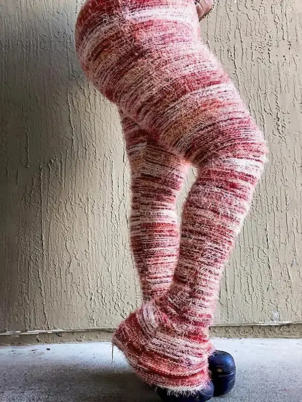 Women's Minimalist Striped Print Flare Leg Fuzzy Sweater Pants, Casual Wear, Fashion Street Style Comfort Knit Bell Bottom Trousers, Women's Knitwear, Pants for Women, Clothes Women, Fall Outfits Christmas