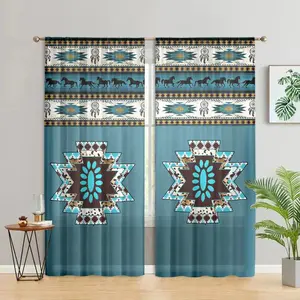 Geometric Pattern Curtain, 2 Counts Retro Style Curtain, Window Drapes for Home Living Room Bedroom Study Room Decor
