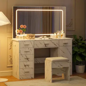 Modern Vanity Desk with LED Mirror – 7 Drawers, Power Outlets, Hair Dryer Holder, 3‑Mode Adjustable Lighting – Makeup Dressing Table Set for Bedroom