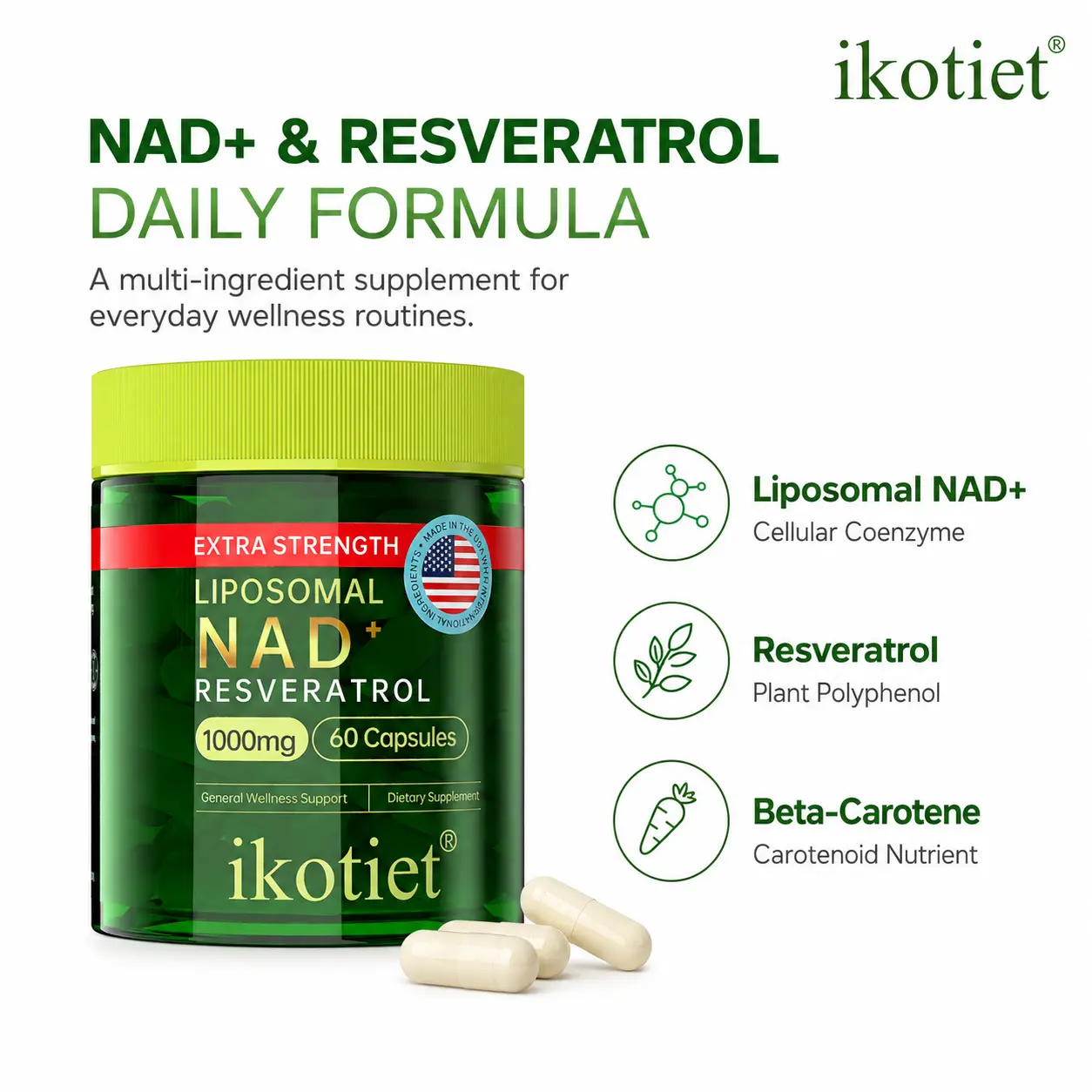 ikotiet Liposomal NAD+ 1000mg Supplement with Resveratrol & Vitamin A Beta-Carotene, Daily Wellness Formula for Adults, Vegan, Non-GMO, Gluten-Free, 60 Capsules (30 Servings), Made in USA, Third-Party Tested Dietary Supplement