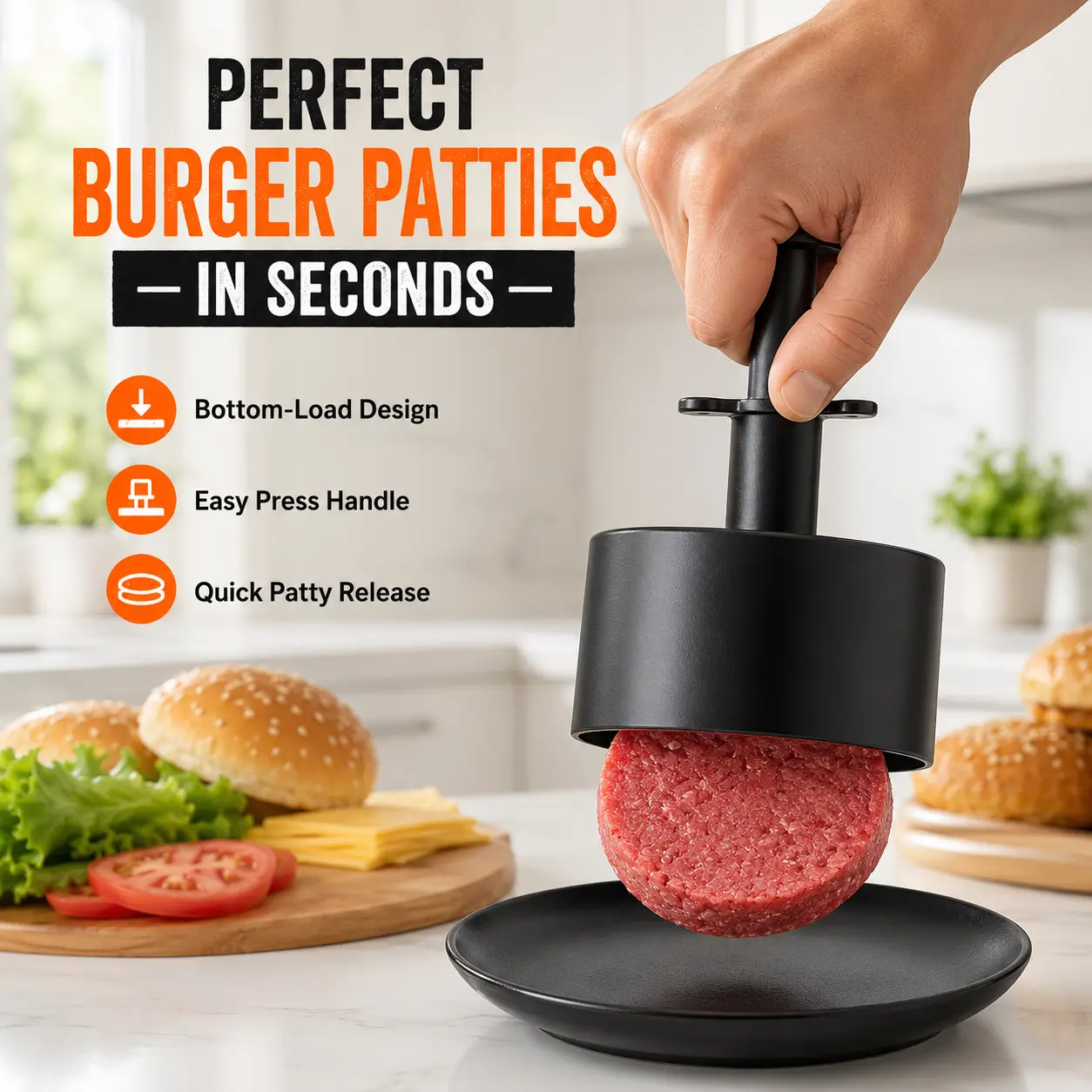 Hamburger Patty Maker - Black Non-Stick Round Molds, Adjustable Size, Dishwasher Safe, Barbecue & Daily Meals Ready, Suitable for Grills & Pans, Ideal for Beef Cheese Vegetable Hamburgers