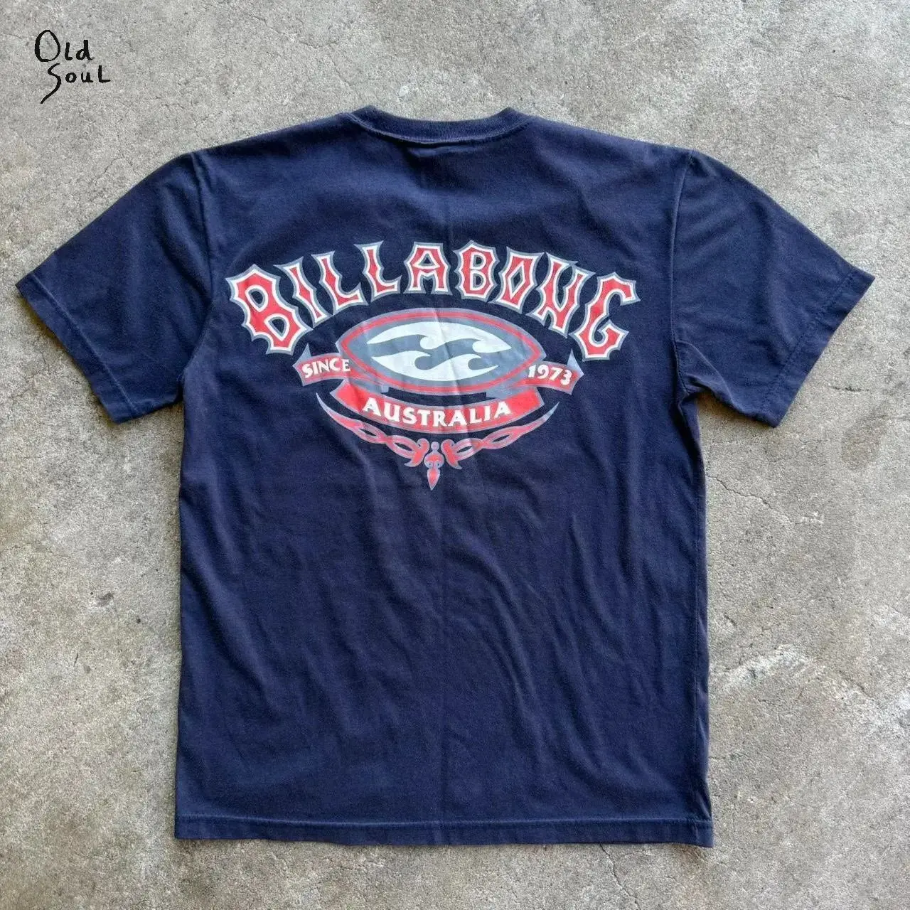 (2 side) Vintage 90’s Navy Billabong Australia Tee for Men Women, Retro Surf T-shirt by Old Soul Outfitters, Soft Daily Casual Wear, USA-Made & Printed Apparel	