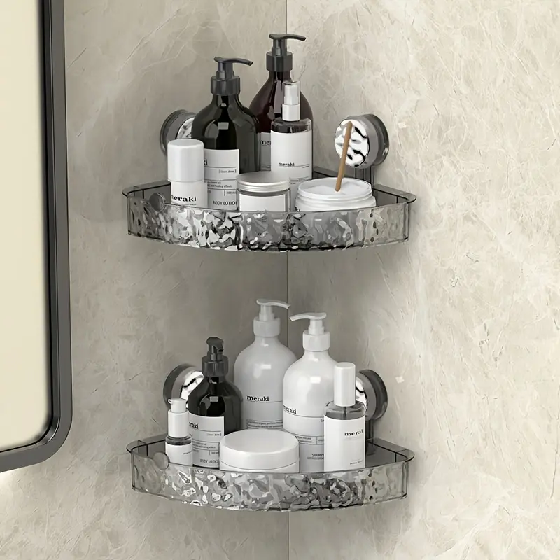 Bathroom Accessories Set - 2-Pack Corrugated Suction Cup Storage Shelves, No-Drill Adhesive Mounting Rack, Removable Transparent Organizer for Bathroom Bottle Organization