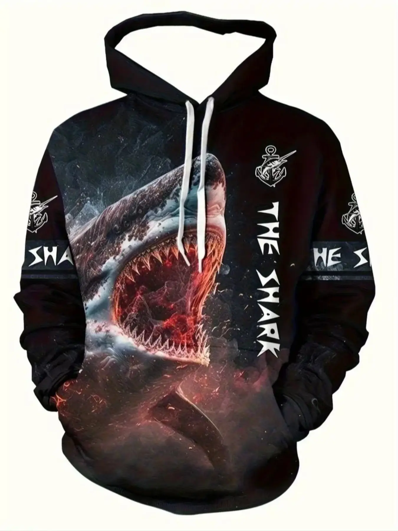 Men's Shark Hoodie with Bold 3D Graphic Face Print, Heavyweight Pullover Sweatshirt, Tall Size, Halloween Street Style