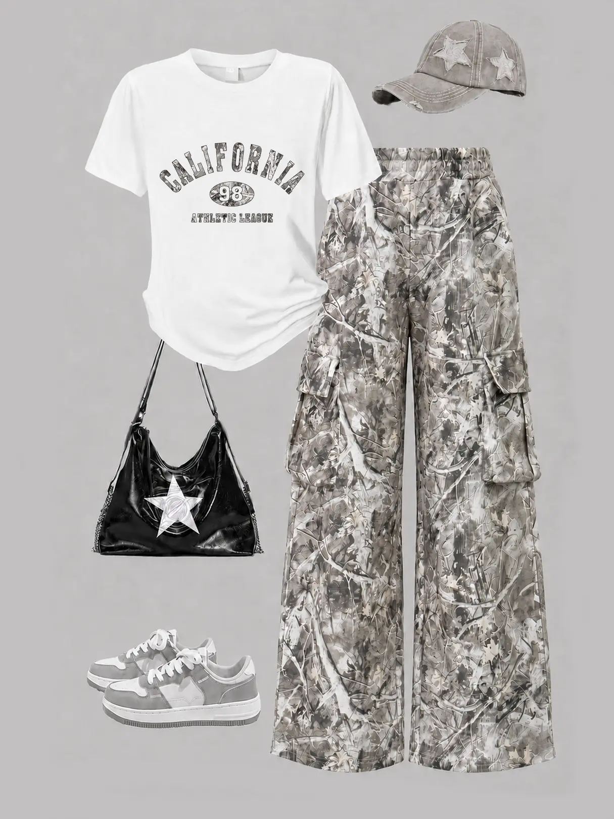Teen Girls 2-Piece Y2K Streetwear Outfit, Vintage Graphic T-Shirt & Printed Cargo Wide Leg Pants Set for Daily Wear