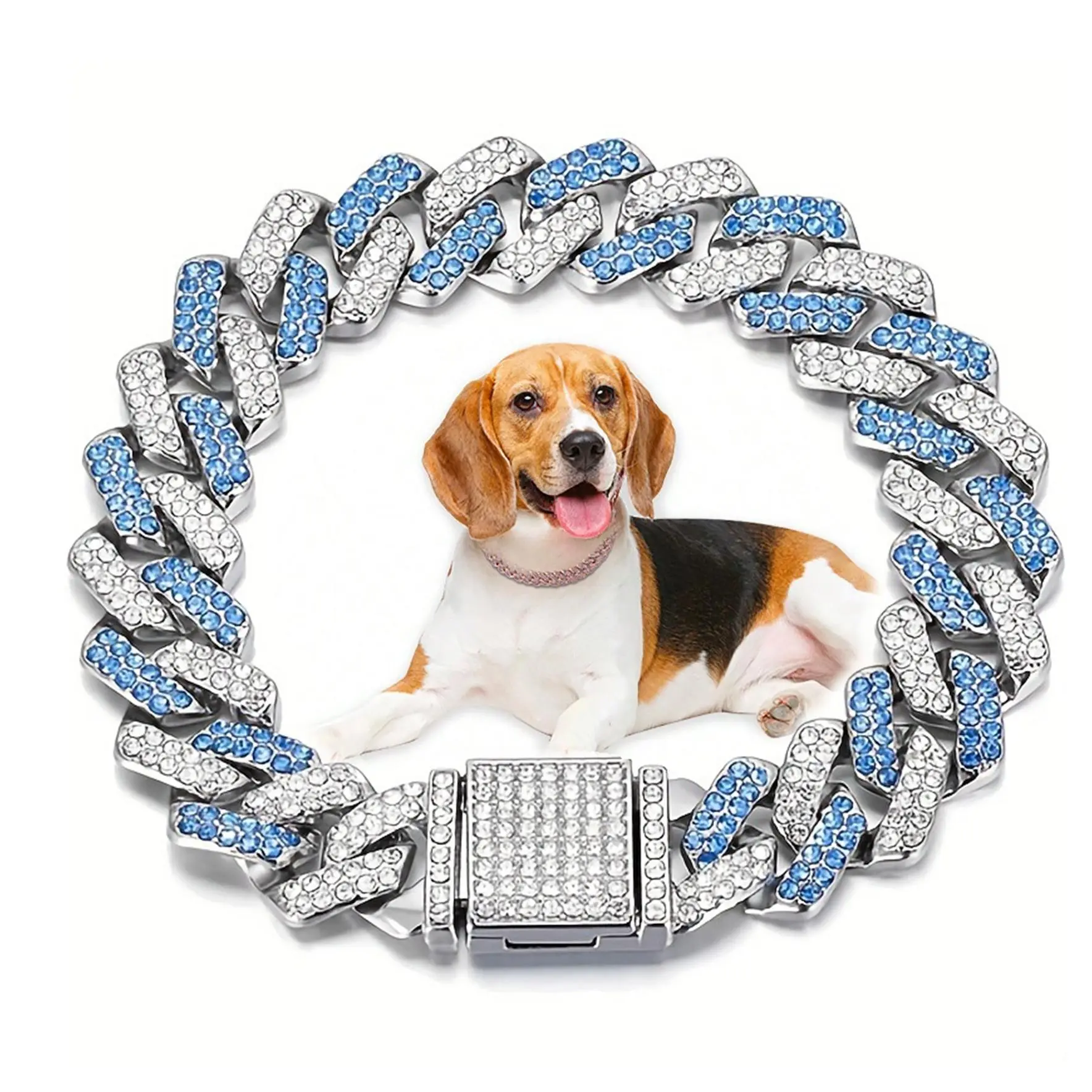 Hip Hop Cuban Bling Dog Necklace, 14 mm Wide Glitter Chain for Small, Medium and Large Pets, Stylish Pet Jewelry Accessory