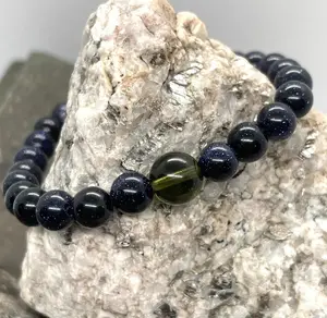 Moldavite and 6mm Blue Sandstone Beaded Bracelet