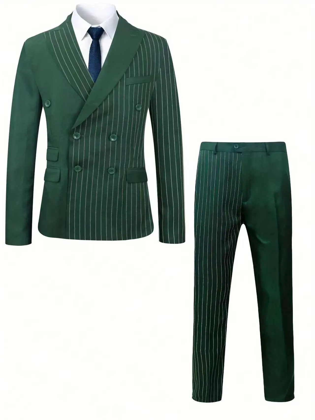 Men's Premium Sage Green Thin Stripe Double-Breasted Slim Fit Suit Set - Long Sleeve Jacket, High-Quality Fabric, Clean Cut, Formal Wear Menswear for Weddings, Business Dinners, Matching