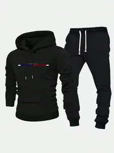 Men's Letter Print Zip Up Hoodie & Drawstring Waist Pockets Sweatpants Two-piece Set, Regular Fit Casual Long Sleeve Hooded Sweatshirt & Jogger Pants for Spring & Fall, Men's Two-piece Outfits for Daily Wear