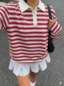 Women's Striped Polo Shirt, Long Sleeve, Collar Design, Loose Fit, Casual Vintage Style, Outdoor Wear, Comfortable All Seasons, Collared
