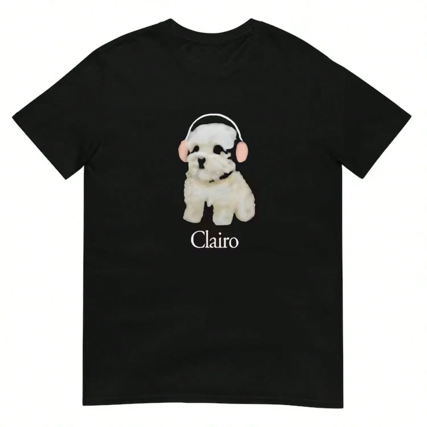 Menswear Cotton Fabric Streetwear Short-Sleeve Clairo Dog Pup Headphones T-Shirt, Round Neck