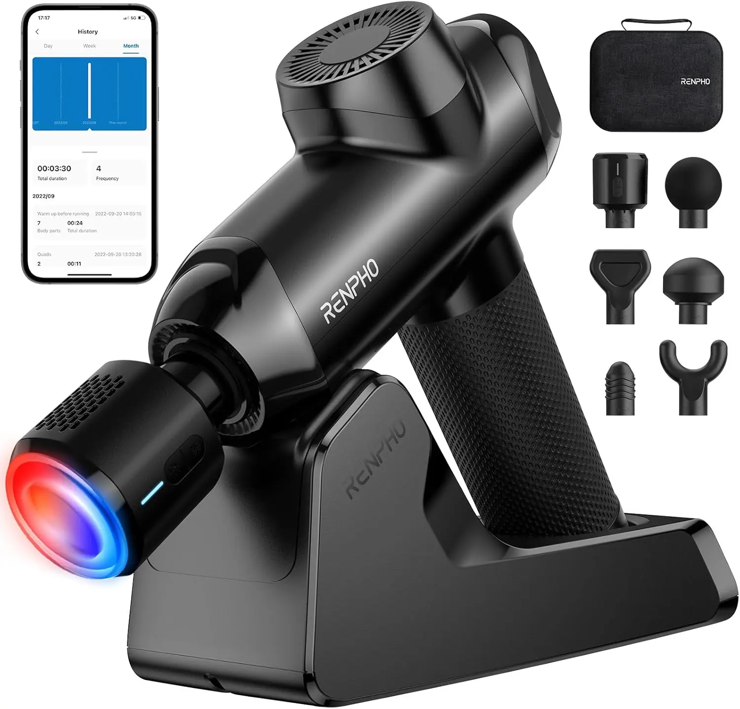RENPHO Power+ Thermacool Deluxe Massage Gun with Heat and Cold, 12mm Amplitude Deep Tissue Percussion Massager with Charging Stand, App Controlled Guided Course, 6 Speeds
